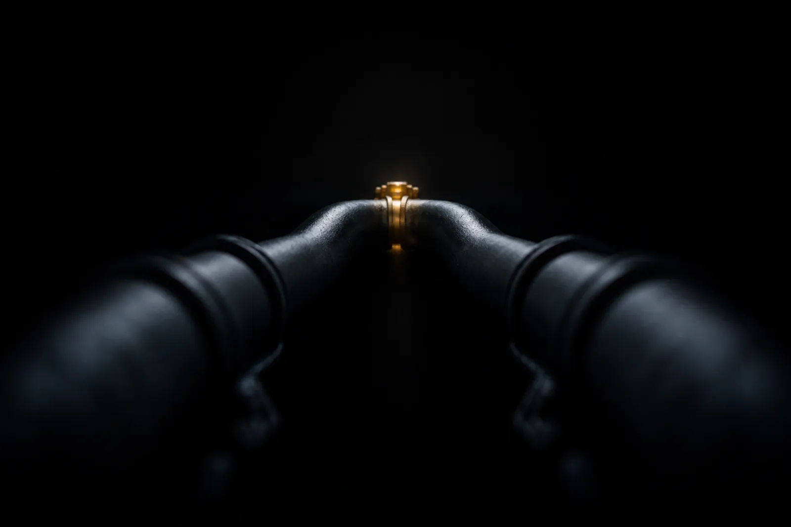 Two identical dark pipe runs rising symmetrically out of near-blackness and converging on a single small amber-lit coupling