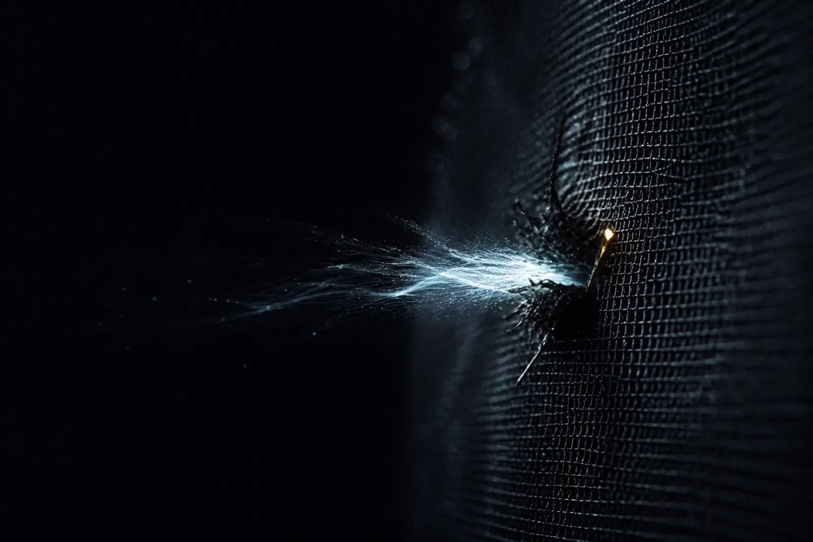 Editorial illustration of a dark wire mesh torn open at a single point, with light escaping through the breach into darkness
