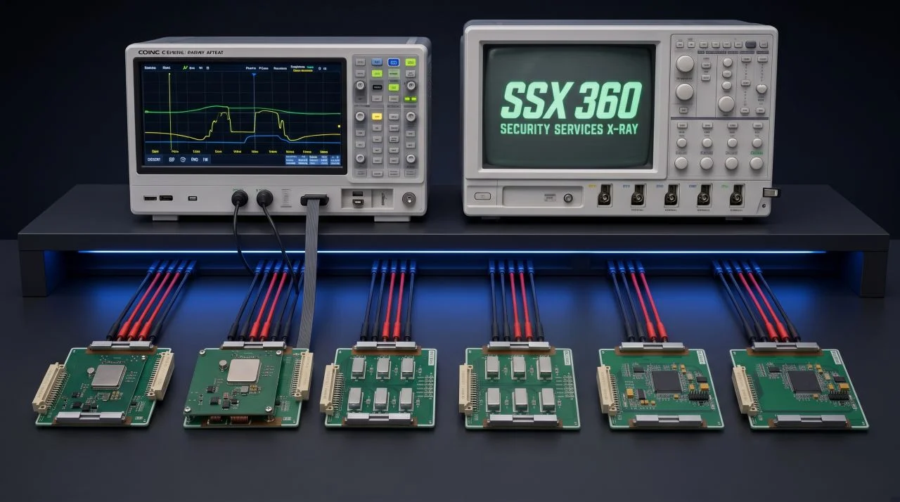 SSX360 hardware security bench illustration with measurement instruments and circuit boards