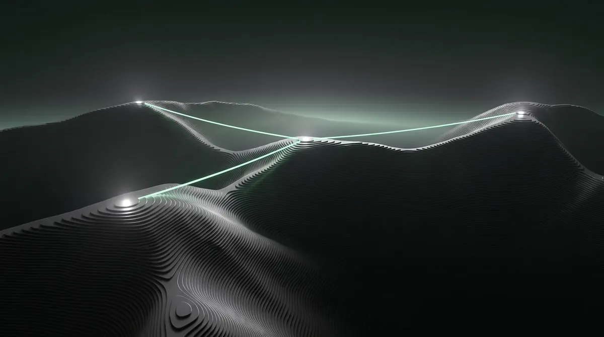 Illuminated network nodes linked across ridgelines