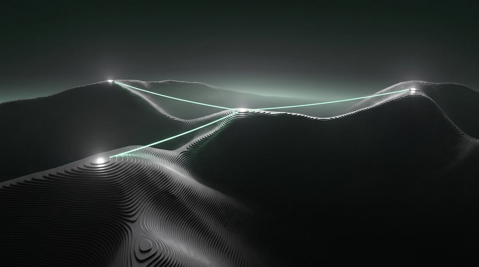 Abstract terrain with illuminated nodes linked across ridgelines