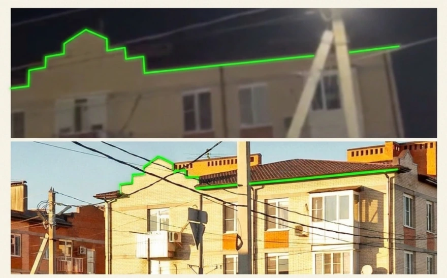 Comparison of the roofline visible behind the damaged Magnit store with imagery from Bataysk