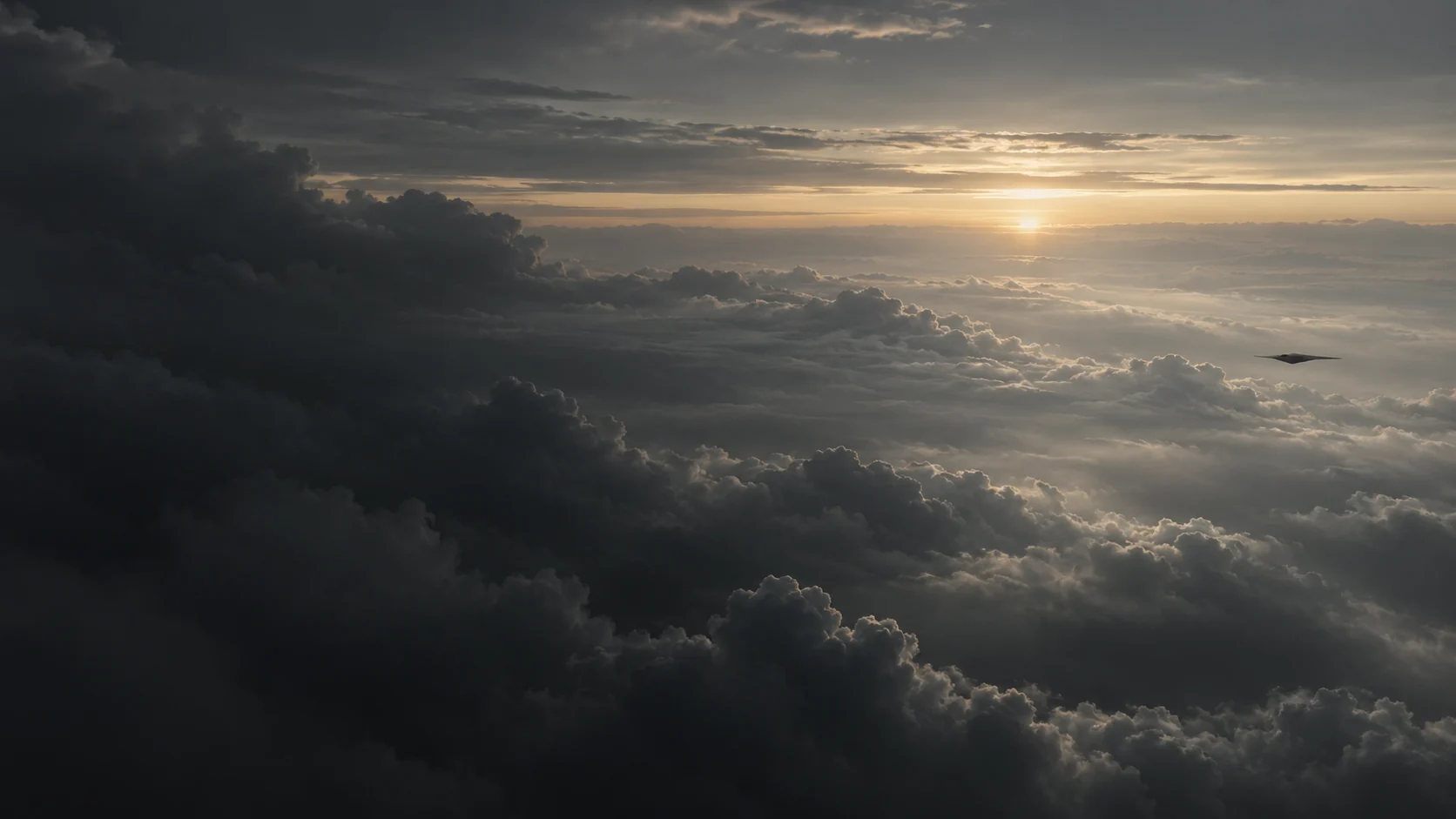 Cinematic render of a distant aircraft over a cloud horizon, not flight-test photography