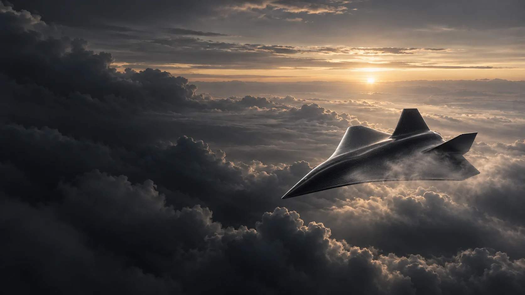 Cinematic QK-100 concept render above a cloud horizon, not flight-test photography