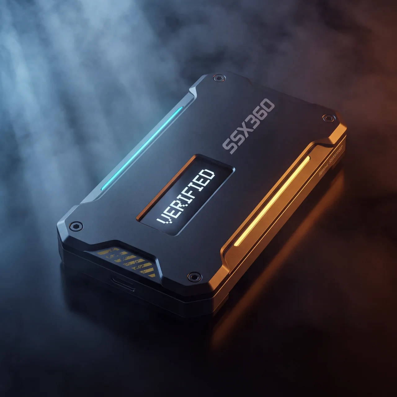Product visualization of the SSX360 USB signer enclosure with a verification status display