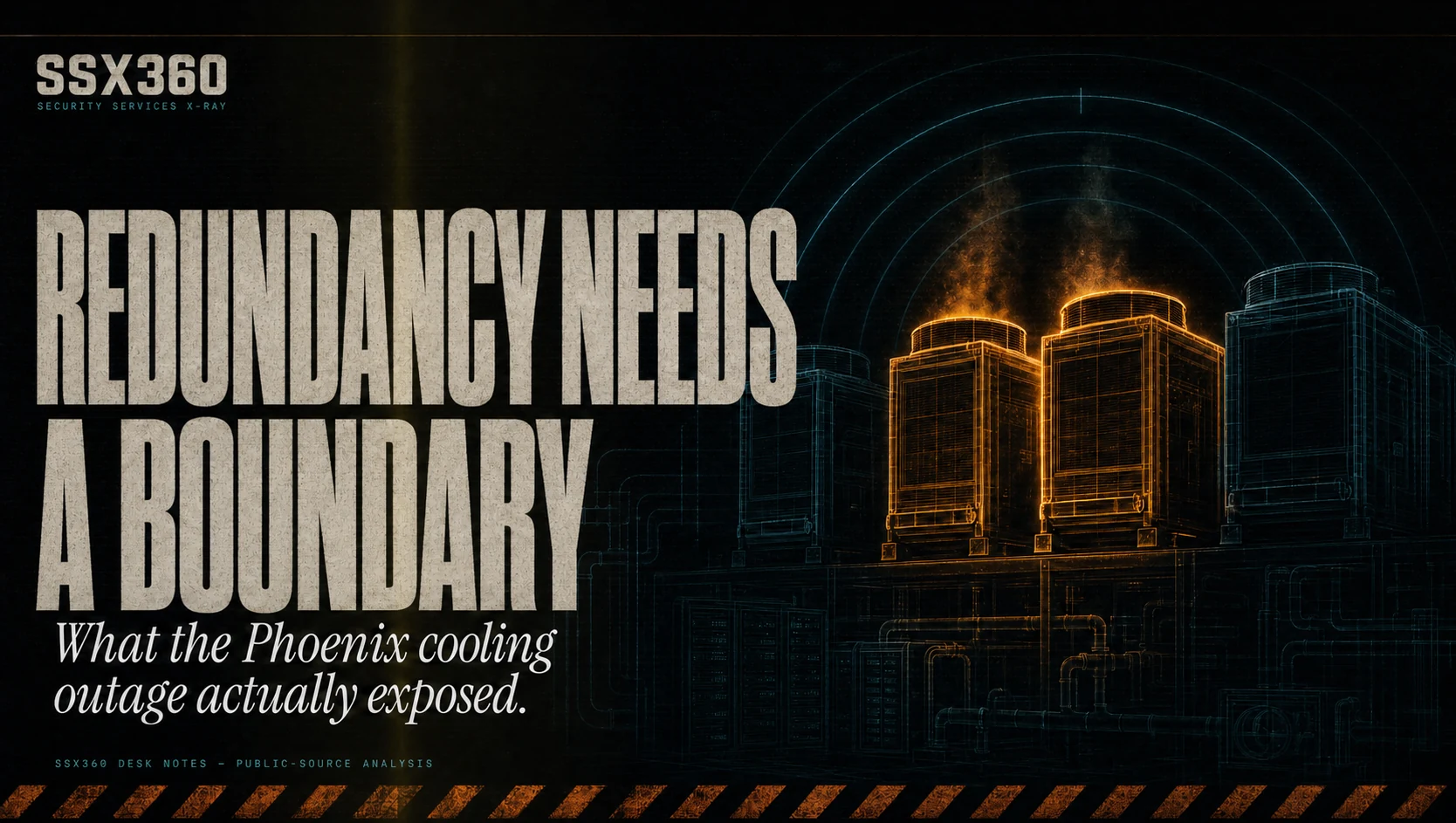 Editorial illustration of four data-center cooling units with the title Redundancy needs a boundary